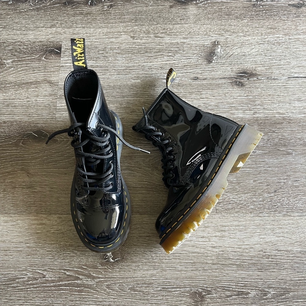 Dr. Martens Black and Yellow Combat Boots with Rugged Silhouette